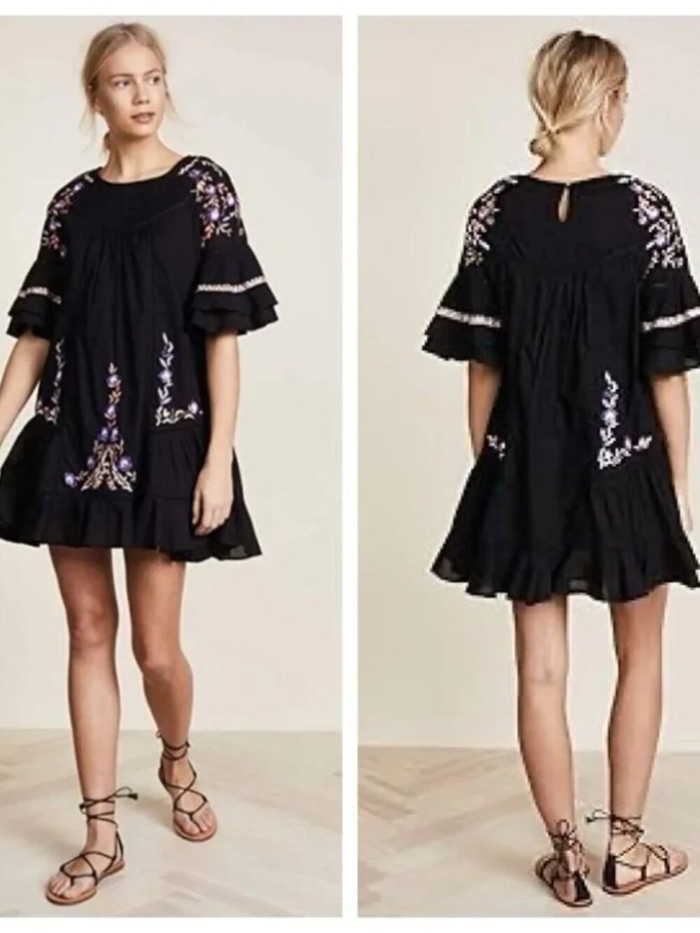 Free People Black Pavlo Embroidered Cottagecore Boho Mini Babydoll Dress